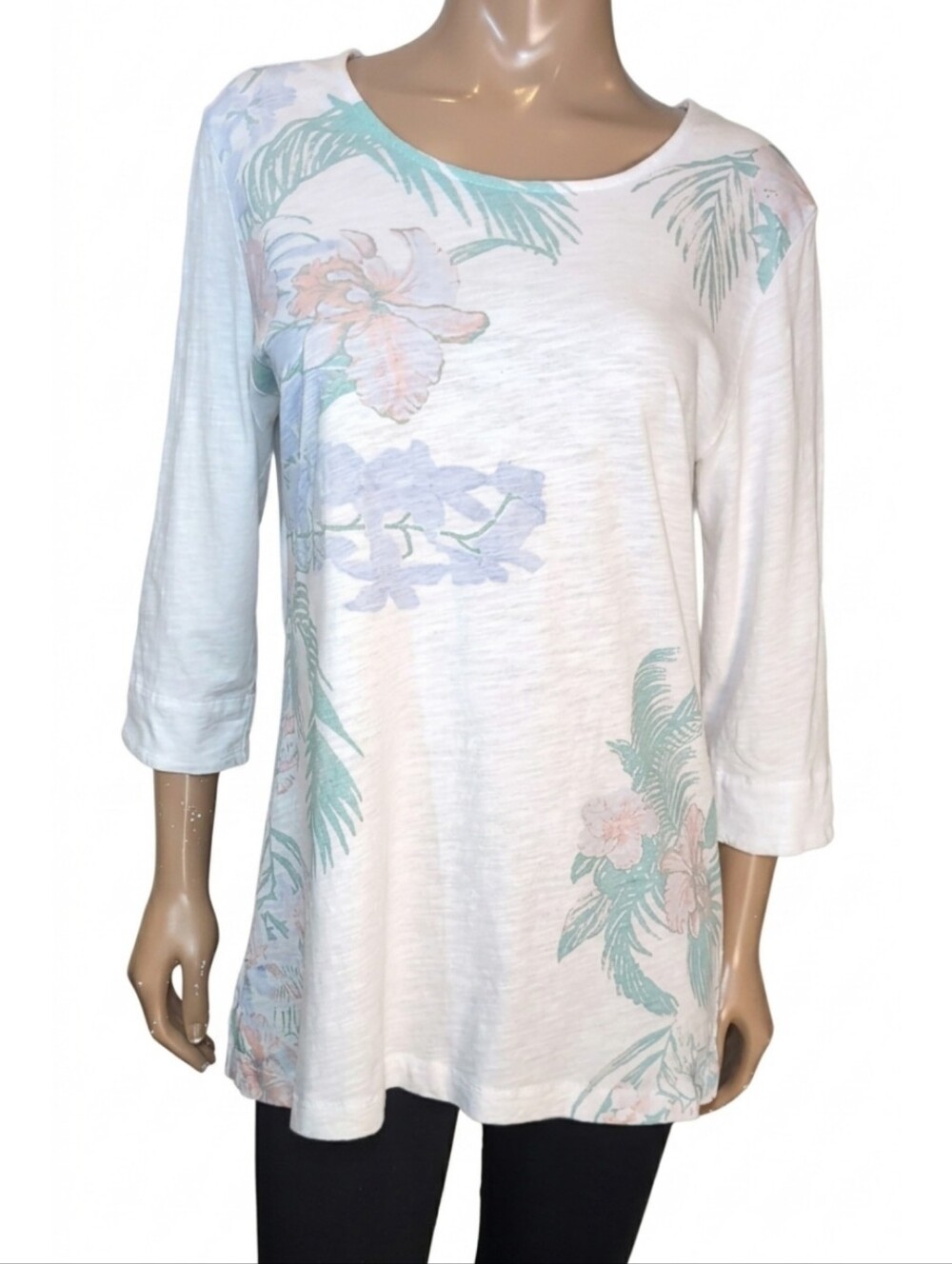 Wild Palms White Tropical Floral Crop Sleeve Cotton Top Womens Size Large Resort